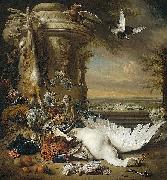 Jan Weenix A monkey and a dog beside dead game and fruit, with the estate of Rijxdorp near Wassenaar in the background Spain oil painting artist
